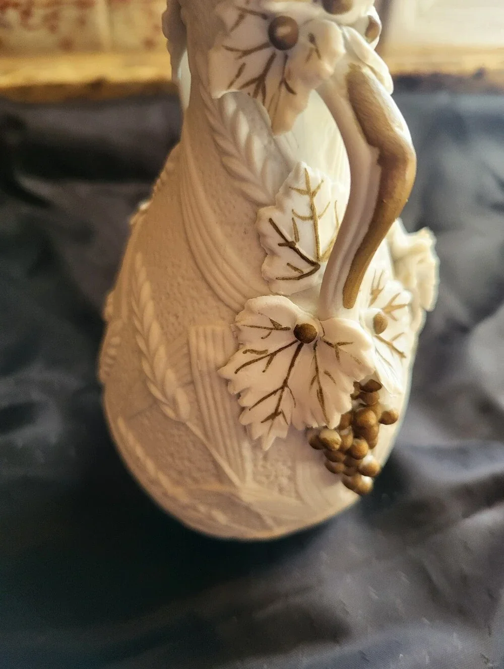 Textured White Bisque Ceramic Floral 6 Inch Vase with Grapes And Wheat